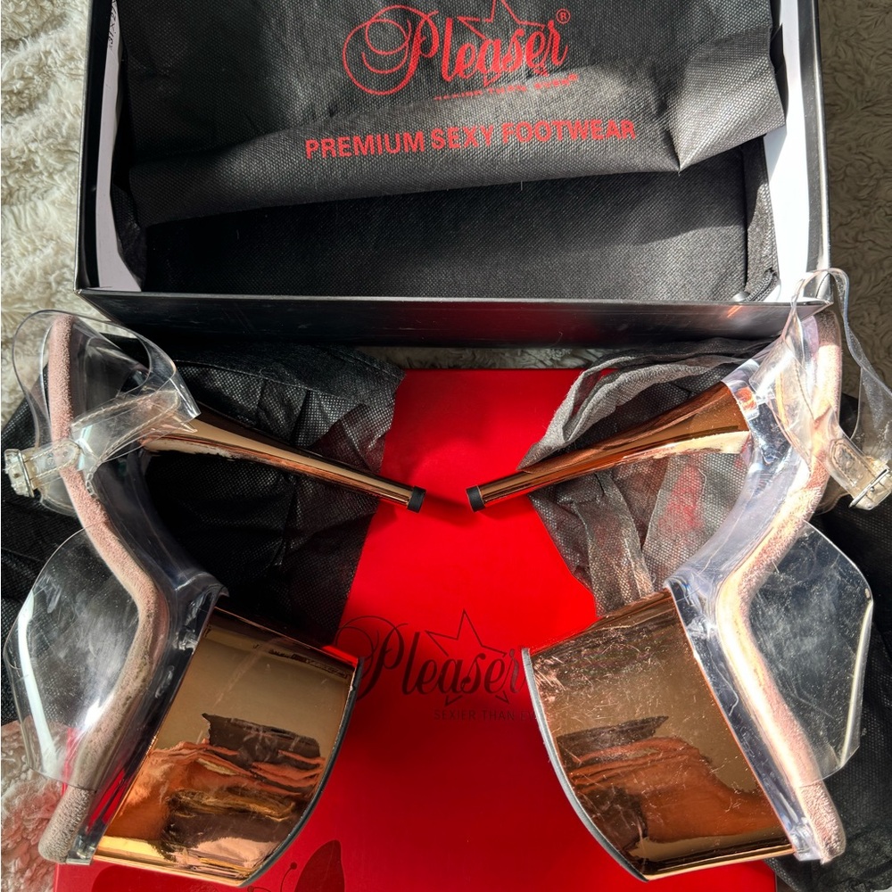 Pleaser Esteem 708 Clear Rose Gold Chrome 7” Platform Heels 8